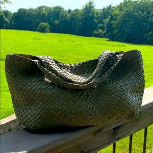 Falor large woven leather tote-olive green lk new